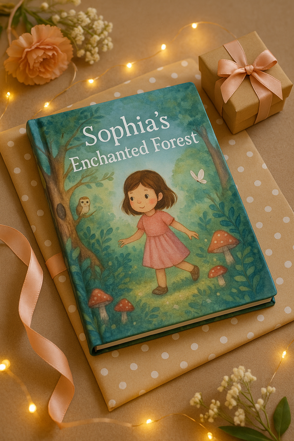 Beautifully wrapped personalized storybook as a perfect gift with flowers and ribbon