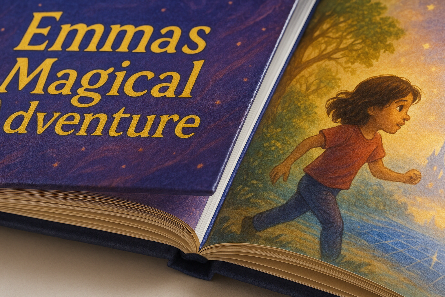 Open pages of Emma's Magical Adventure showing beautiful illustrations and personalized story content