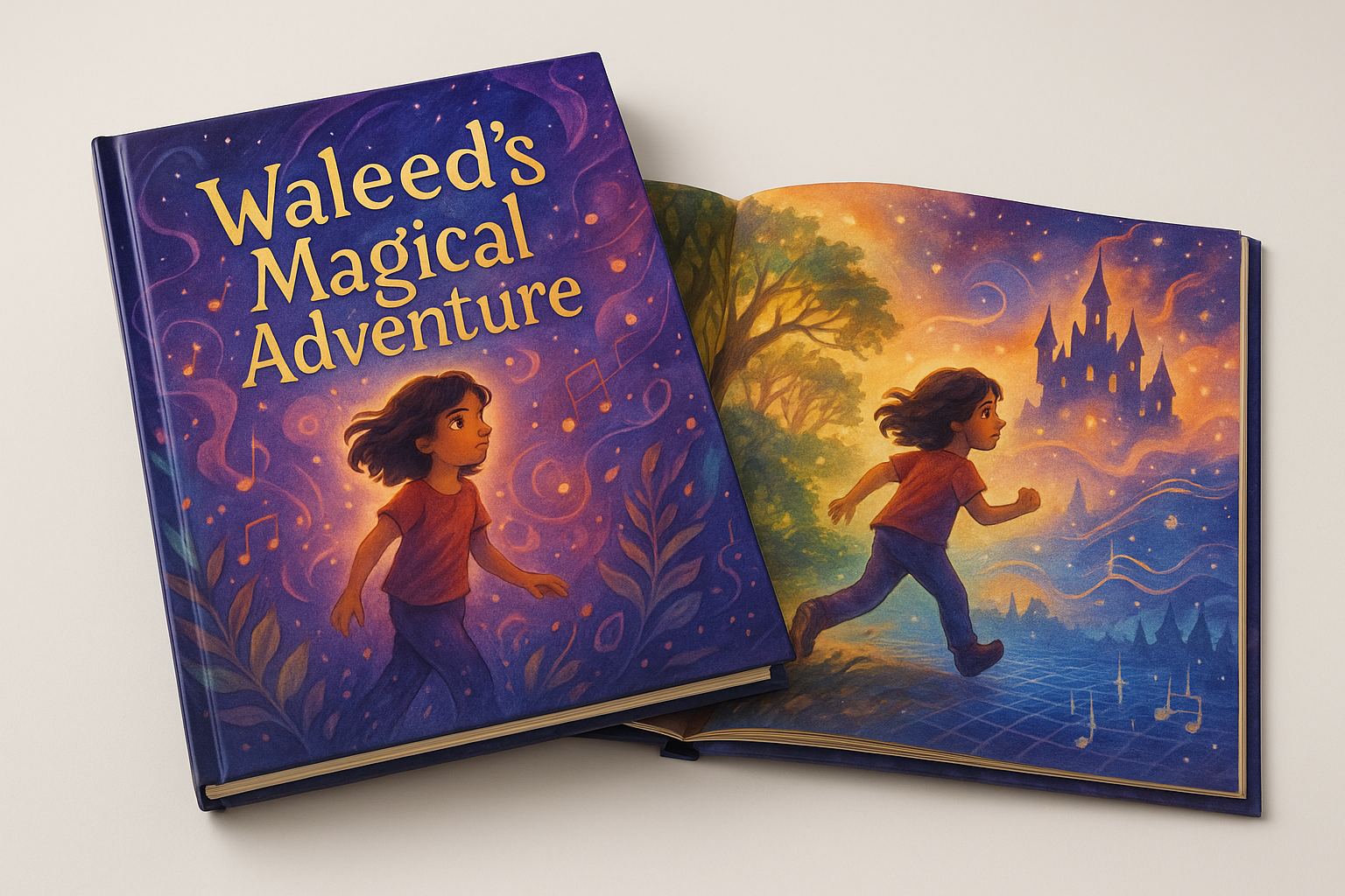 Multiple personalized storybooks showing 'Waleed's Magical Adventure' with professional quality printing
