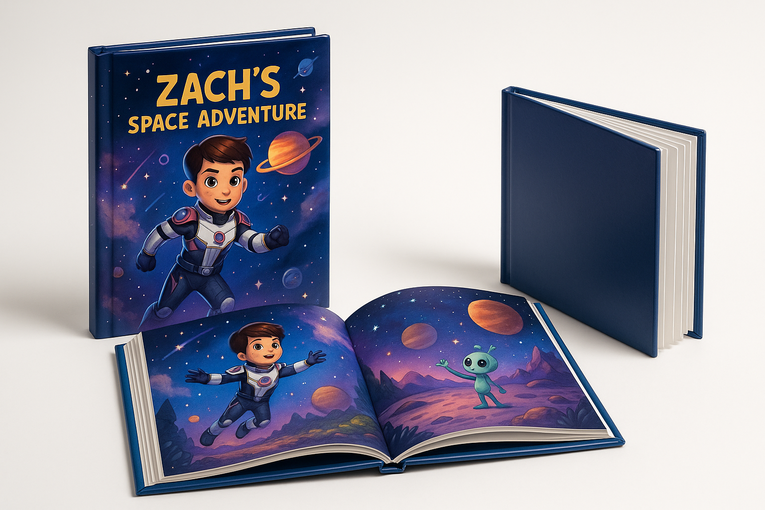 Zach's Space Adventure storybook showing vibrant space-themed illustrations and story pages
